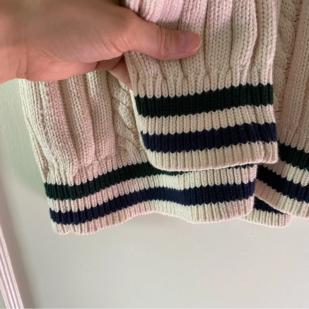 J. Crew Cream Cable-Knit V-Neck Sweater with Navy & Forest Stripes